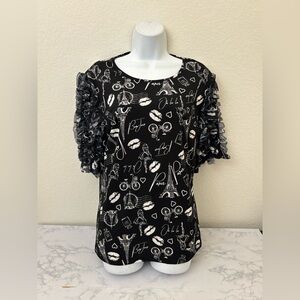 Madison Paris-New York- 3/4 Ruffle Sleeve Blouse Size M Black White Layered